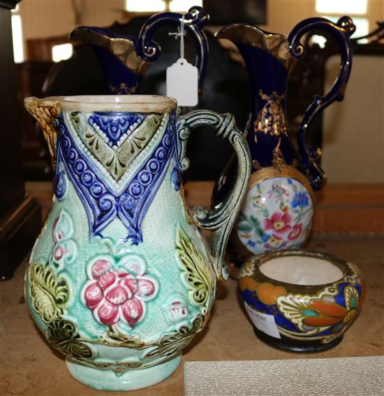 Pr porcelain jugs, majolica jug, bowl & slice